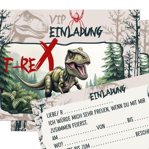ab 8 Karten, Einladungskarten, Dino, Set, Kindergeburtstag, Dinosaurier, Karten, A6, grün, Jungen, Mädchen, Jurassic, Geburtstag, bunt,T-Rex