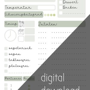 Rezeptkarten, Recipe card, english, deutsch, mintgrün, digital, download, A4, selber drucken, modern, sofort download, Designerkarten
