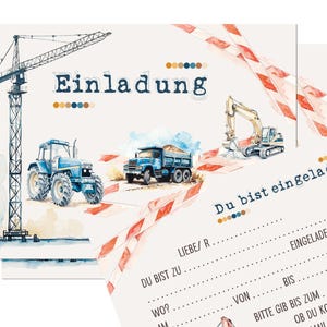 vanaf 10 kaarten, uitnodigingskaarten, bouwplaats, set, kinderverjaardag, voertuigen, kaarten, A6, jongens, verjaardag, kraan, graafmachine, vrachtwagen, tractor