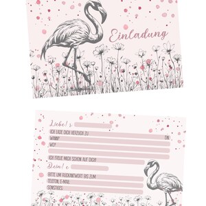 12 Einladungskarten, Einladung, Set, 12 Karten, Flamingo, Geburtstag, Party, Jubiläum, rosa, floral, beidseitig beschreibbar, Eukalyptus