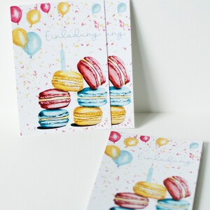 10-er, Einladungskarten, Einladung, Set, Macaron, Geburtstag, Party, blau, rosa, gelb, süß, Gebäck, Aquarellmalerei, Kindergeburtstag