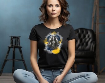 T-Shirt mit Rundhalsausschnitt,  Frauen T-Shirt, Mythus, Legende, Göttin, Hekate, Hecate, Mondgöttin, T-Shirt, schwarz, gelb, blau, Mond