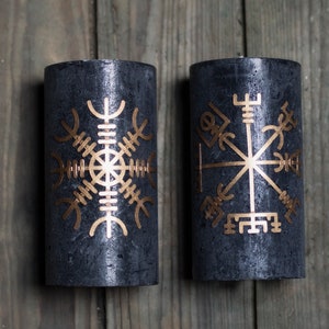 Vegvisir, Aegishjalmr, set, 2 candles, Scandinavian, symbol, signpost, myth, Viking, decoration, heathen, pagan, anthracite, gold