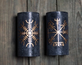 Vegvisir, Aegishjalmr, set, 2 candles, Scandinavian, symbol, signpost, myth, Viking, decoration, heathen, pagan, anthracite, gold