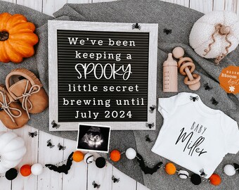 May include: A Halloween-themed pregnancy announcement with a letter board that reads "We've been keeping a SPOOKY little secret brewing until July 2024". The announcement also includes a baby onesie, a pair of baby booties, a white pumpkin, an orange pumpkin, a wooden rattle, a wooden baby bottle, and a sonogram image.