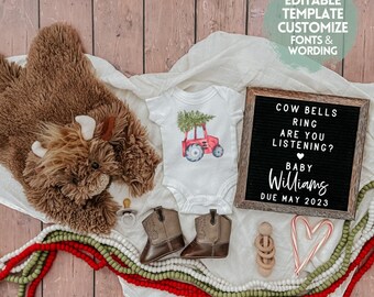 DIGITAL PREGNANCY ANNOUNCEMENT | Christmas highland cow | Cow bells ring | editable| pregnancy reveal | farm | western | rodeo baby