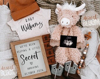 May include: A baby announcement scene with a tan beanie, a onesie with "BABY Williams" printed on it, and a framed sign that reads "WE'VE BEEN KEEPING A LITTLE Secret ARRIVING OCTOBER 2026". A plush cow, baby boots, and wooden blocks spell "BABY".