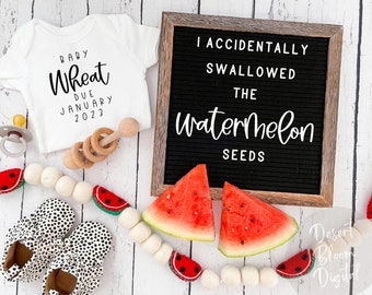 May include: A white onesie with the text "Baby Wheat Due January 2023" on it. A black letter board with the text "I accidentally swallowed the watermelon seeds". A white and black polka dot baby shoe, a wooden rattle, a pacifier, and a watermelon garland.