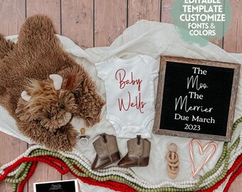 DIGITAL PREGNANCY ANNOUNCEMENT | The Moo The Merrier | Christmas highland cow | editable | pregnancy reveal | farm | western | rodeo