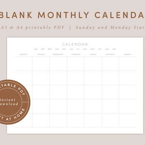 Blank Monthly Calendar Landscape Template Printable Calendar - Etsy UK