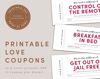 Printable Love Coupon Book, Valentines Day Gift, Printable Romantic Coupons for Boyfriend / Girlfriend, Anniversary Gift, Gift for Him / Her