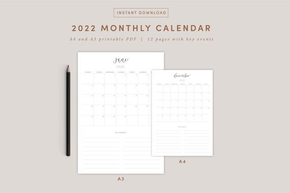 2022 monthly calendar portrait printable calendar year etsy