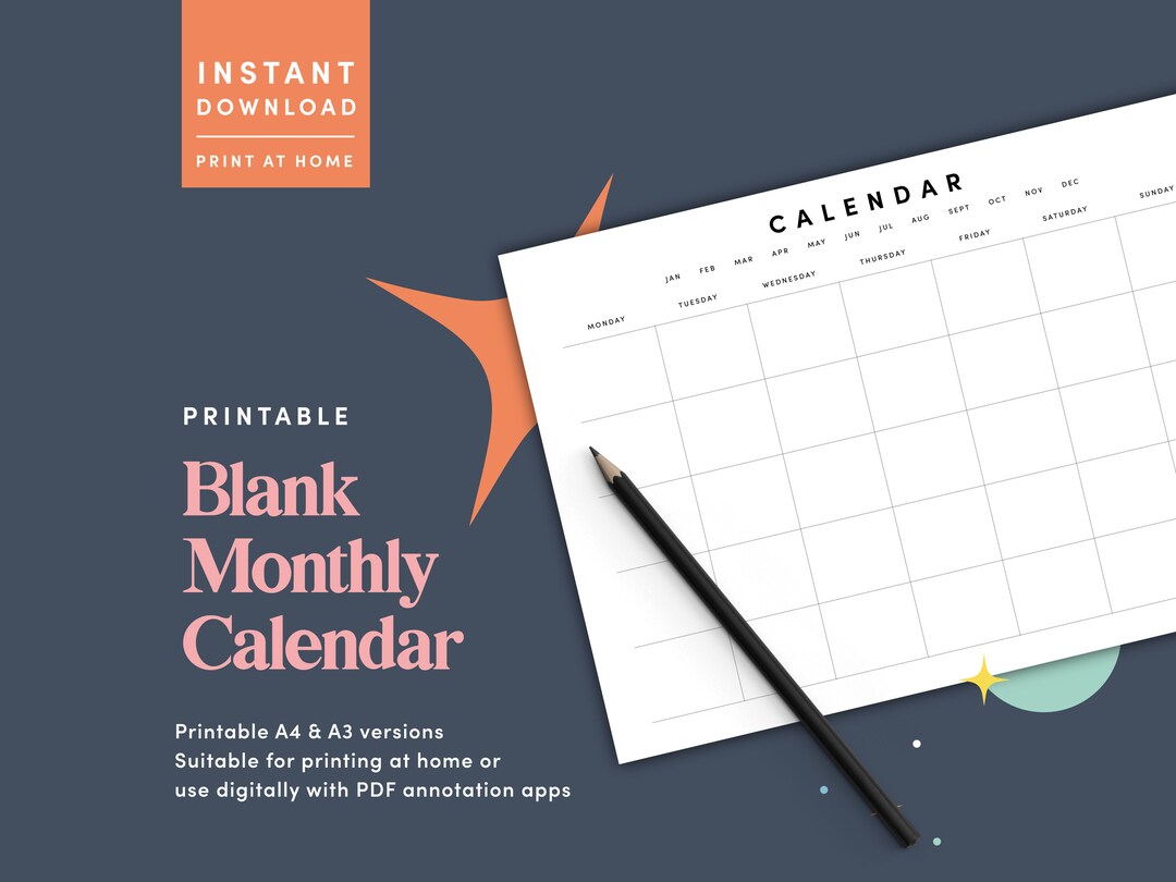 Blank Monthly Calendar Landscape Template, Printable Calendar Blank ...