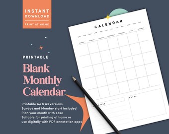 Blank Monthly Calendar printable - Etsy