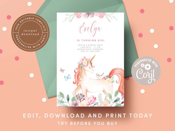 Printable Unicorn Invitation Digital Unicorn Birthday Party | Etsy