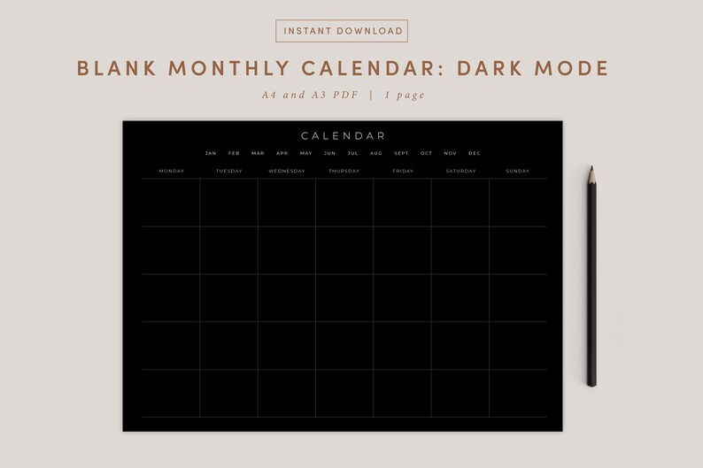 Dark Mode Blank Monthly Calendar Landscape Template Digital - Etsy