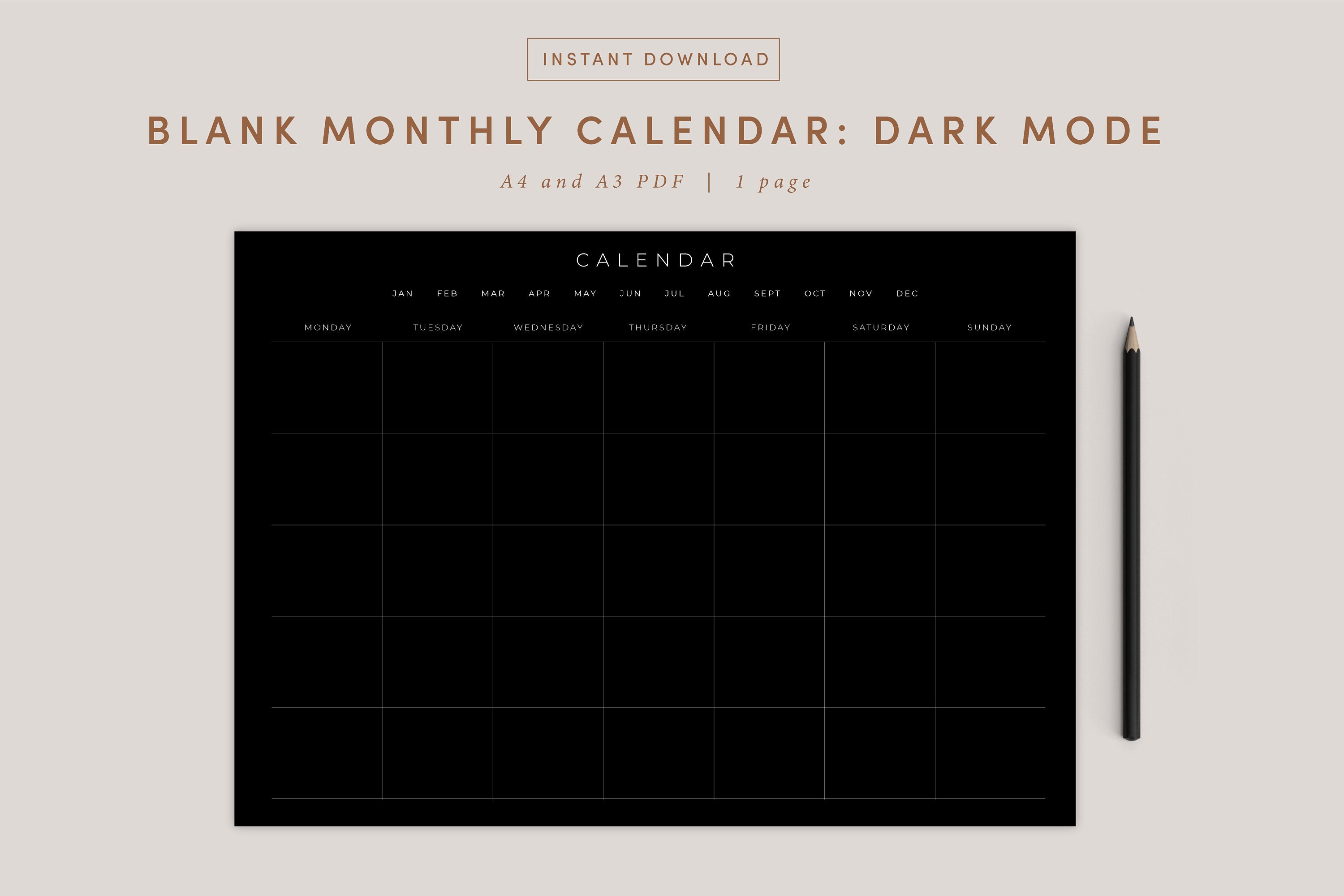 Dark Mode Blank Monthly Calendar Landscape Template Digital - Etsy