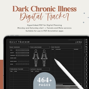 Può includere: Un planner digitale per tenere traccia dei sintomi delle malattie croniche. Il planner ha uno sfondo scuro con testo e grafica bianchi. Include sezioni per la panoramica giornaliera, le posizioni del dolore, il tracciamento del dolore, i trigger, il tracciamento del cibo e delle bevande e il tracciamento dell'attività. Il planner è progettato per l'uso nelle app di annotazione PDF e ha oltre 464 pagine.