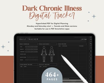 Donkere modus chronische ziekteplanner, pijntracker-goodnotes, chronische pijnplanner, symptomentracker, periodetracker, gezondheidstracker iPad- CDDIG