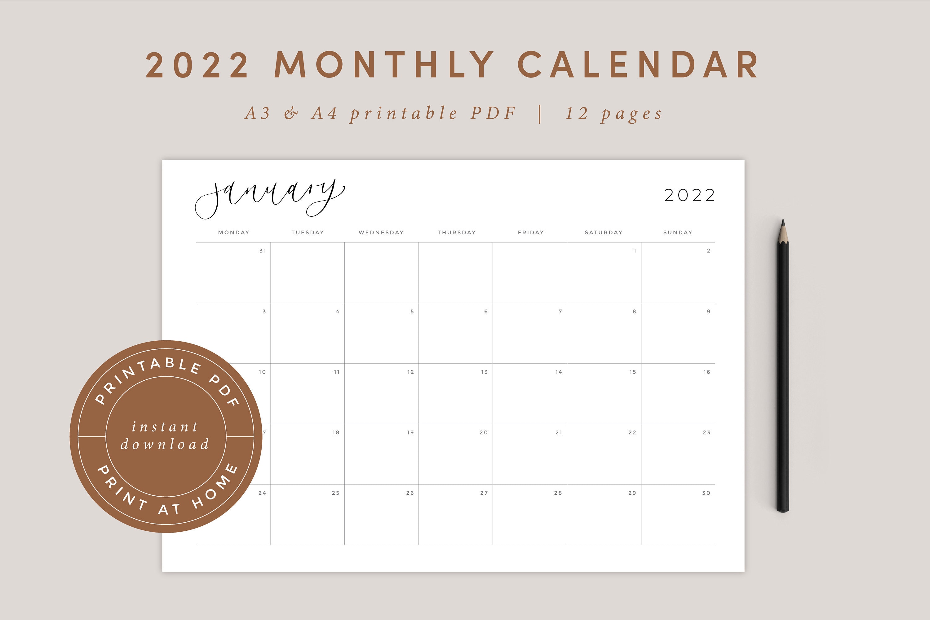 2022 Monthly Calendar Landscape A3 And A4 Printable Calendar Etsy