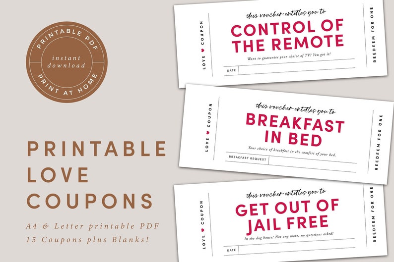 Printable Love Coupon Book - 19 Printable Romantic Coupons for Boyfriend / Girlfriend, Anniversary Gift, Gift for Him / Her, Love Vouchers