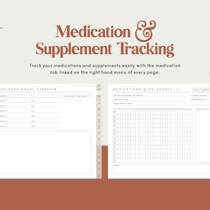 Op de afbeelding: Een printbare medicijn- en supplementenplanner met een witte achtergrond en zwarte tekst. De planner bevat een sectie met een overzicht van medicijnen en een dagelijks medicijnlogboek.