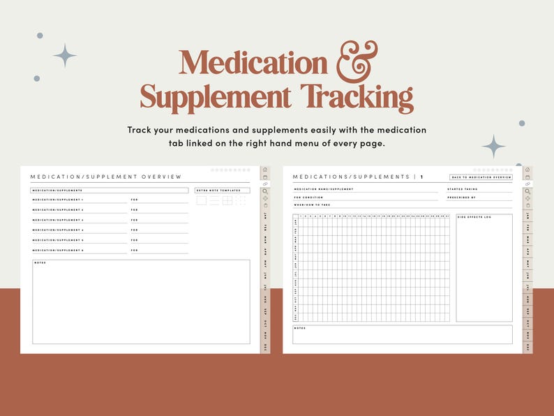 Op de afbeelding: Een printbare medicijn- en supplementenplanner met een witte achtergrond en zwarte tekst. De planner bevat een sectie met een overzicht van medicijnen en een dagelijks medicijnlogboek.