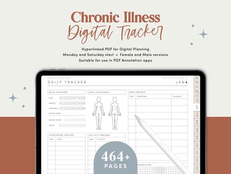 Op de afbeelding: Een digitale planner voor het bijhouden van symptomen van chronische ziekten, pijnlocaties en triggers. De planner bevat secties voor dagelijks overzicht, waterinname, stemming, voedseldagboek, activiteitentracking en pijnregistratie. De planner is ontworpen voor gebruik in PDF-annotatie-apps en bevat meer dan 464 pagina's.