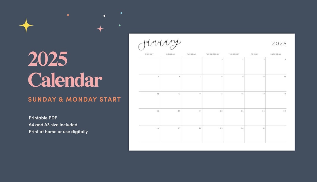 2025 Monthly Calendar Landscape A3 & A4 Printable Calendar - Etsy