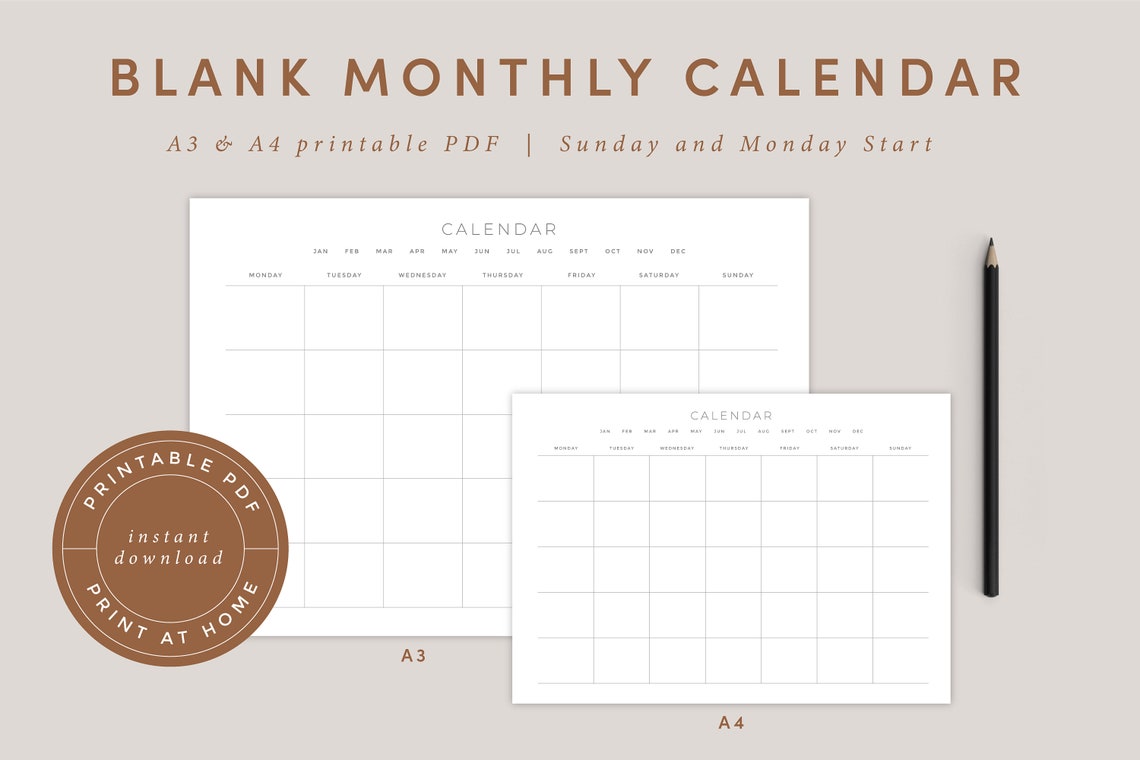Blank Monthly Calendar Landscape Template Printable Calendar | Etsy