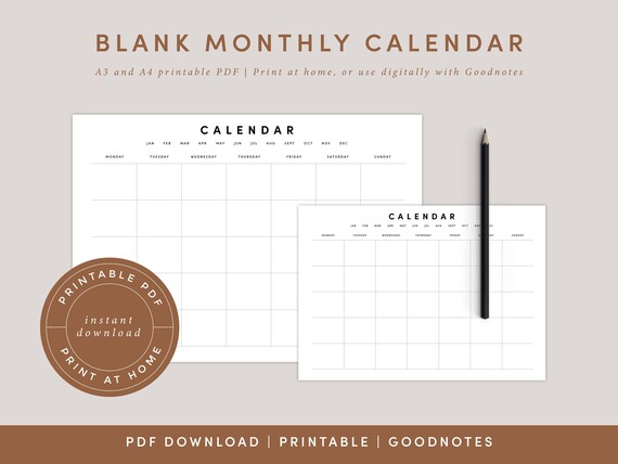 Blank Monthly Calendar Landscape Template, Printable Calendar Blank, Blank  Calendar, Minimalist Calendar, A4 and A3, Goodnotes Calendar - Etsy