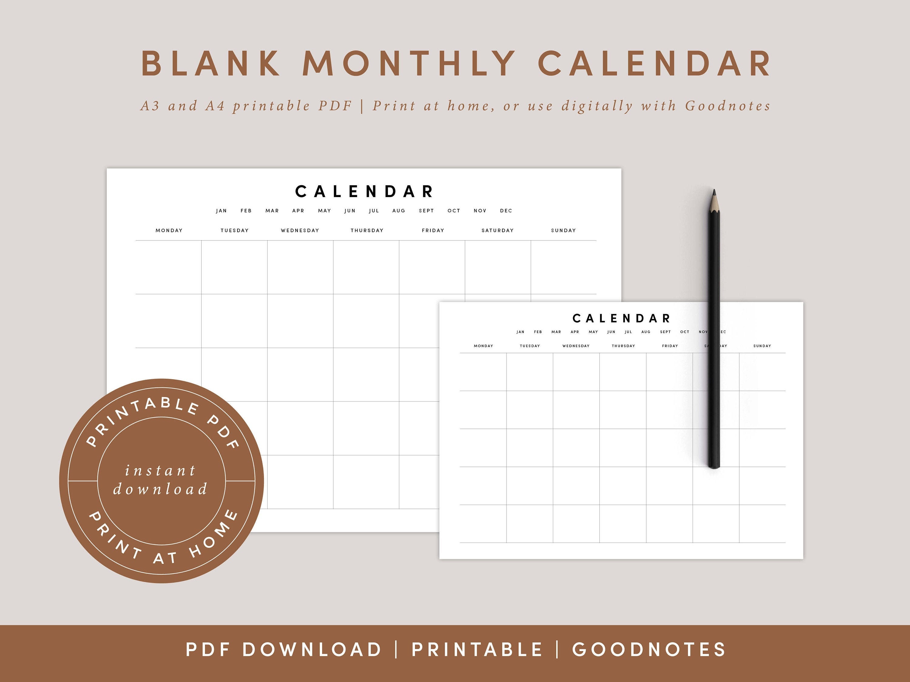 Blank Monthly Calendar Landscape Template Printable Calendar | Etsy
