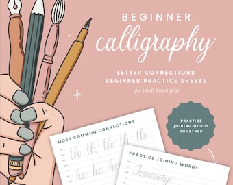 Beginners Calligraphy Letter Connections Practice Sheets, Calligraphy Practice, Printable Brush Lettering Worksheet, Brush Calligraphy Guide