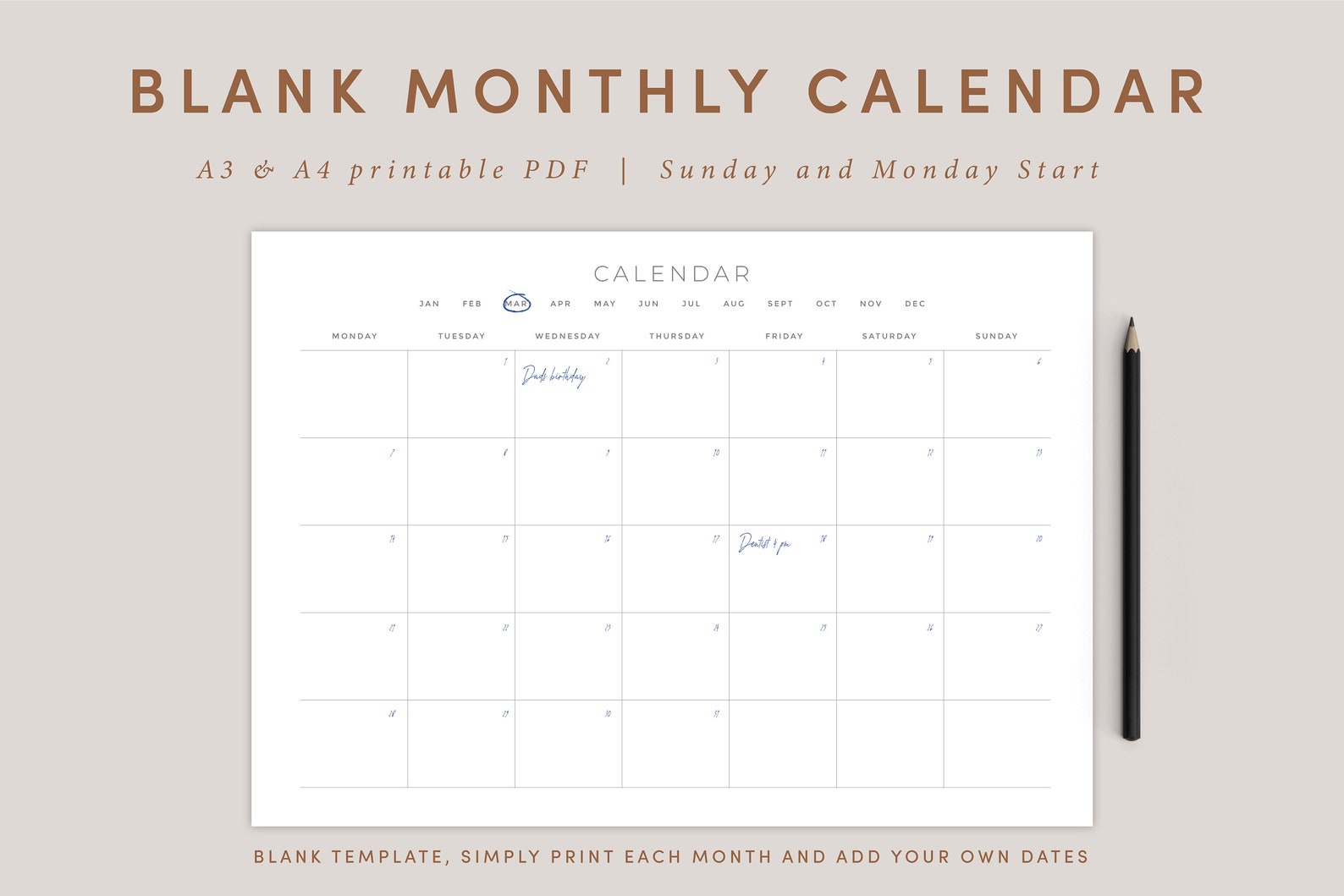 blank monthly calendar landscape template printable calendar etsy