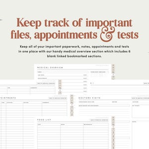 Op de afbeelding: Een printbare medische planner met secties voor laboratoriumtests, afspraken, doktersbezoeken, een voedsellijst en een medisch overzicht. De planner heeft een witte achtergrond met zwarte tekst en grijze lijnen.