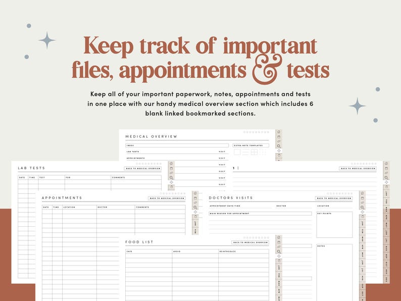 Op de afbeelding: Een printbare medische planner met secties voor laboratoriumtests, afspraken, doktersbezoeken, een voedsellijst en een medisch overzicht. De planner heeft een witte achtergrond met zwarte tekst en grijze lijnen.