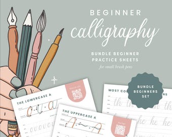 Beginners Calligraphy Bundle Practice Sheets, Calligraphy Practice, Printable Brush Lettering Worksheet Bundle, Brush Calligraphy Guide
