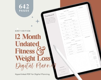 Grey Minimalist Yearly Digital Fitness and Weight Loss Planner Goodnotes Fitness Planner For iPad Weight loss exercise Journal Goodnotes