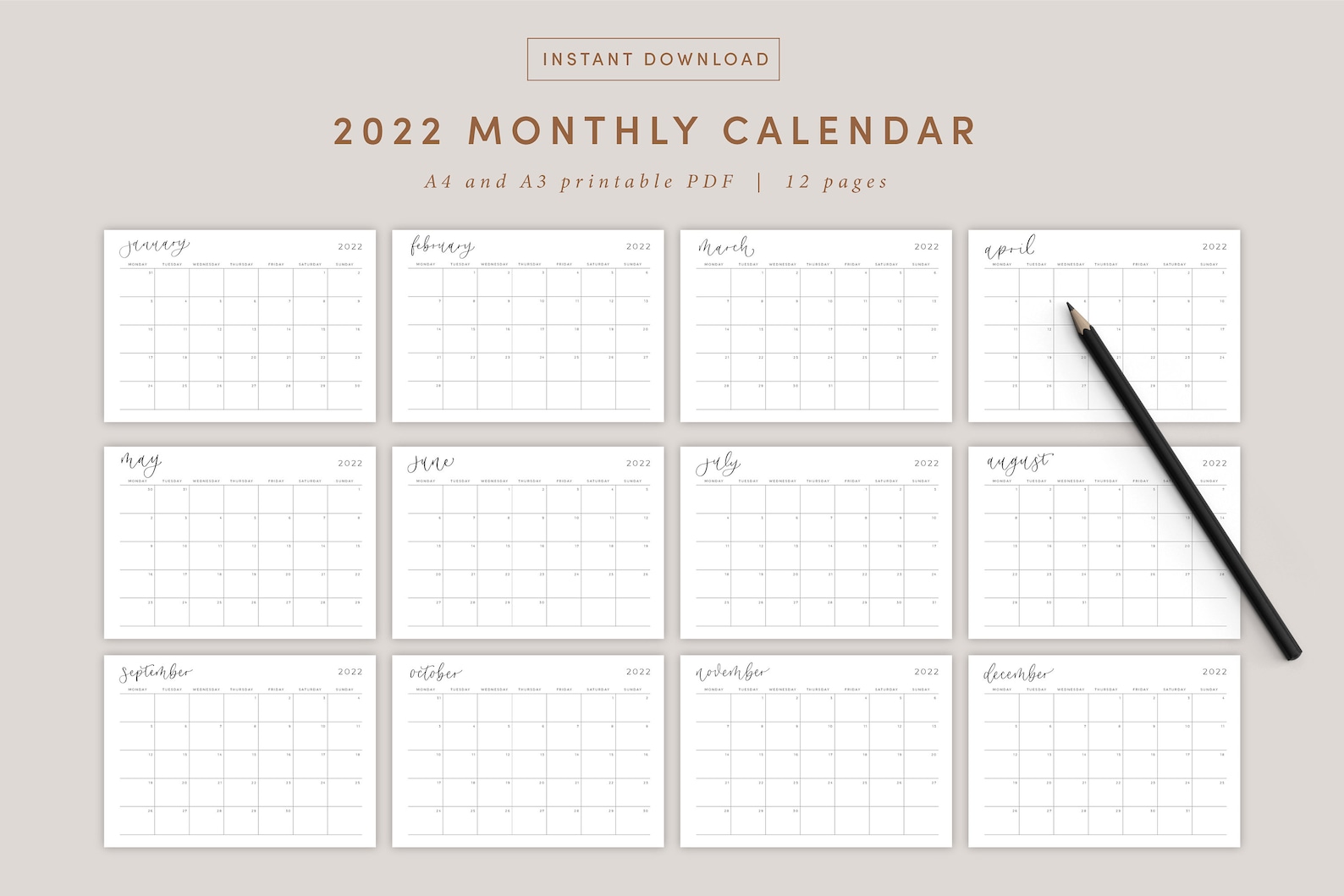2022 monthly calendar landscape a3 a4 printable calendar etsy