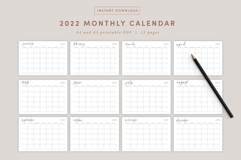 2022 Monthly Calendar Landscape A3 A4 Printable Calendar Etsy Canada 2022 Monthly Calendar Landscape A3 A4 Printable Calendar Etsy Canada