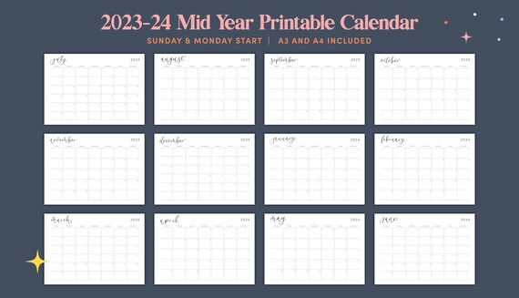 2023-2024 Mid Year Monthly Calendar Landscape, A3 A4 Printable Calendar, Mid Year Calendar, Minimalist Calendar, Calendar Template, Academic - Etsy 2023-2024 Mid Year Monthly Calendar Landscape, A3 A4 Printable Calendar, Mid Year Calendar, Minimalist Calendar, Calendar Template, Academic - Etsy