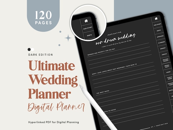 Dark Mode Digital Wedding Planner, iPad Wedding Planner, Wedding Goodnotes, Wedding To Do List, Wedding Checklist, Wedding Planner Kit CDDIG