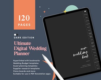 Dark Mode Digital Wedding Planner, iPad Wedding Planner, Wedding Goodnotes, Wedding To Do List, Wedding Checklist, Wedding Planner Kit CDDIG