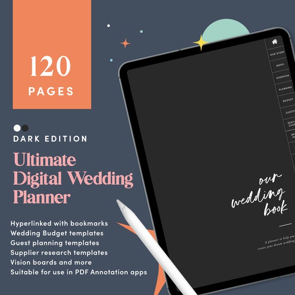 Dark Mode Digital Wedding Planner, iPad Wedding Planner, Wedding Goodnotes, Wedding To Do List, Wedding Checklist, Wedding Planner Kit CDDIG