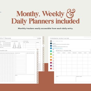 Op de afbeelding: Een zwart-witte printbare planner met een dagelijkse, wekelijkse en maandelijkse lay-out. De planner bevat een lichaams-tracker, een vermoeidheidsschaal-gids en een jaaroverzicht. De planner is ontworpen om u te helpen georganiseerd te blijven en op koers te blijven met uw doelen.