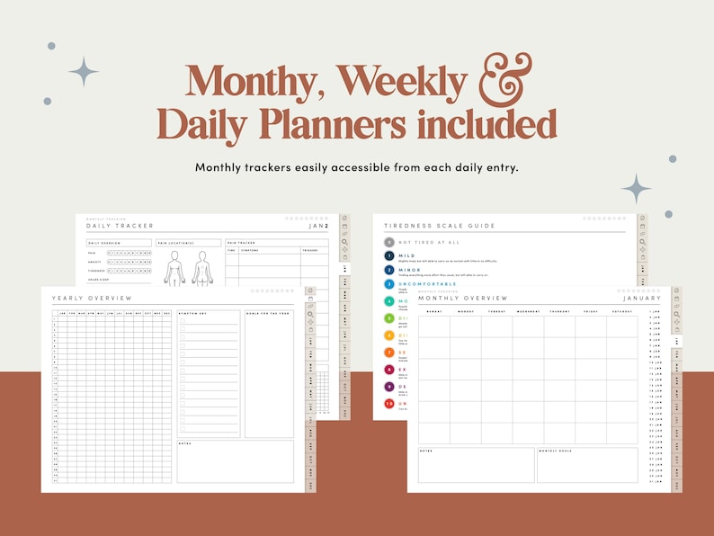 Op de afbeelding: Een zwart-witte printbare planner met een dagelijkse, wekelijkse en maandelijkse lay-out. De planner bevat een lichaams-tracker, een vermoeidheidsschaal-gids en een jaaroverzicht. De planner is ontworpen om u te helpen georganiseerd te blijven en op koers te blijven met uw doelen.