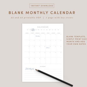 Blank Monthly Calendar Portrait Template Printable Calendar - Etsy UK
