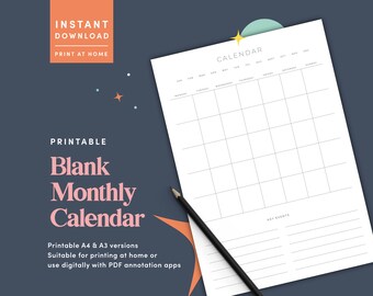 Blank Monthly Calendar printable - Etsy