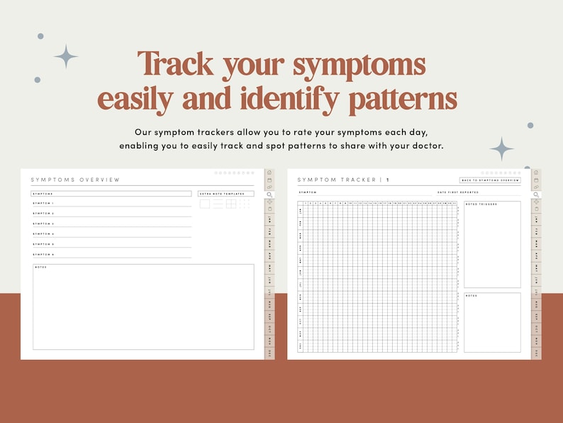 Op de afbeelding: Een printbare symptoomtracker met een raster om symptomen bij te houden en een sectie voor notities. De tracker is ontworpen om mensen te helpen patronen in hun symptomen te identificeren.