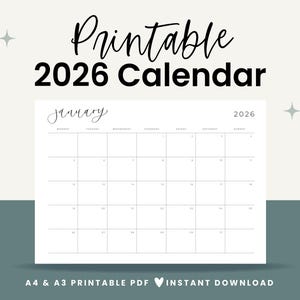 Calendario mensual 2026 en formato horizontal, calendario imprimible A3 y A4, calendario anual, calendario minimalista, plantilla de calendario, calendario del Reino Unido 2025